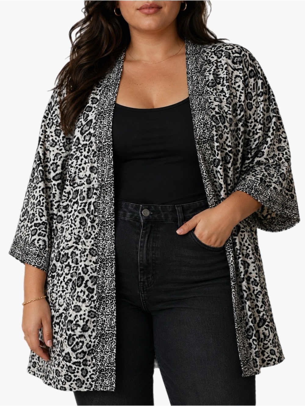 Roz & Ali Plus Size 1X Leopard Print Open Front Kimono Cardigan Layering Top